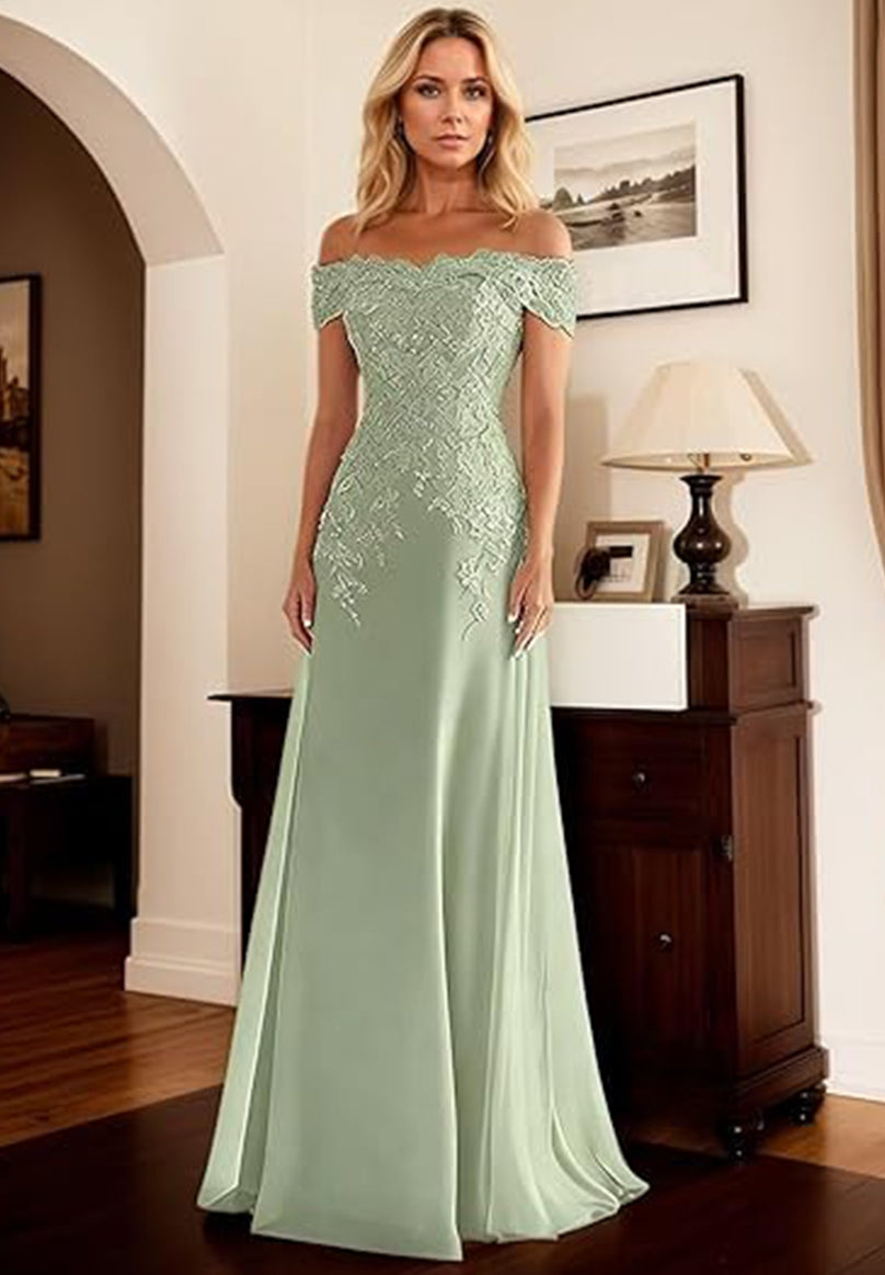 A-Line Off Shoulder Chiffon Cape Sleeves Maxi Mother of the Bride & Groom Dresses with Ruched Waist & 3D Floral Applique (SHI22500434)