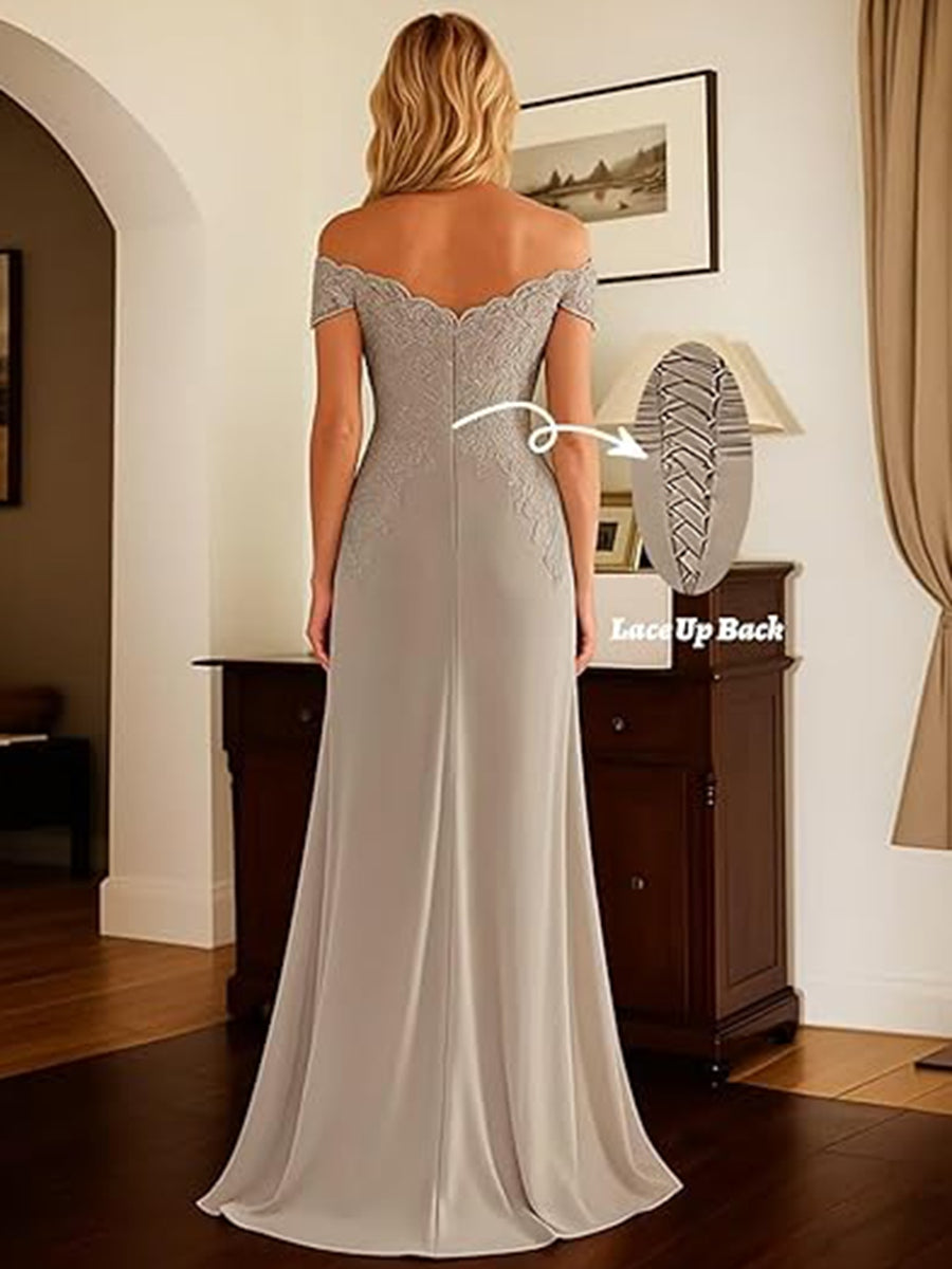A-Line Off Shoulder Chiffon Cape Sleeves Maxi Mother of the Bride & Groom Dresses with Ruched Waist & 3D Floral Applique (SHI22500434)