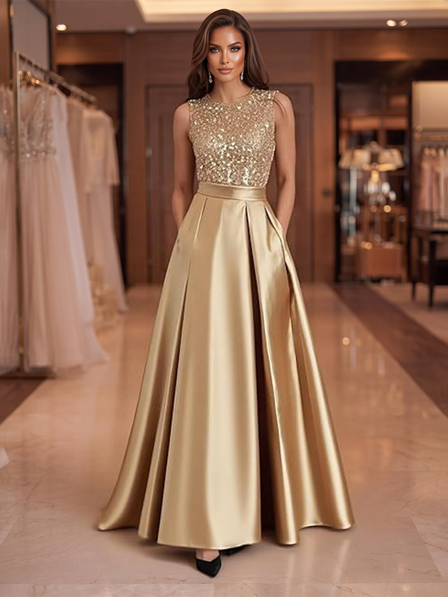 A-Line/Princess Scoop Neck Pleated Satin Evening Dresses with Sequins (SHI22500066)