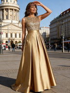 A-Line/Princess Scoop Neck Pleated Satin Evening Dresses with Sequins (SHI22500066)