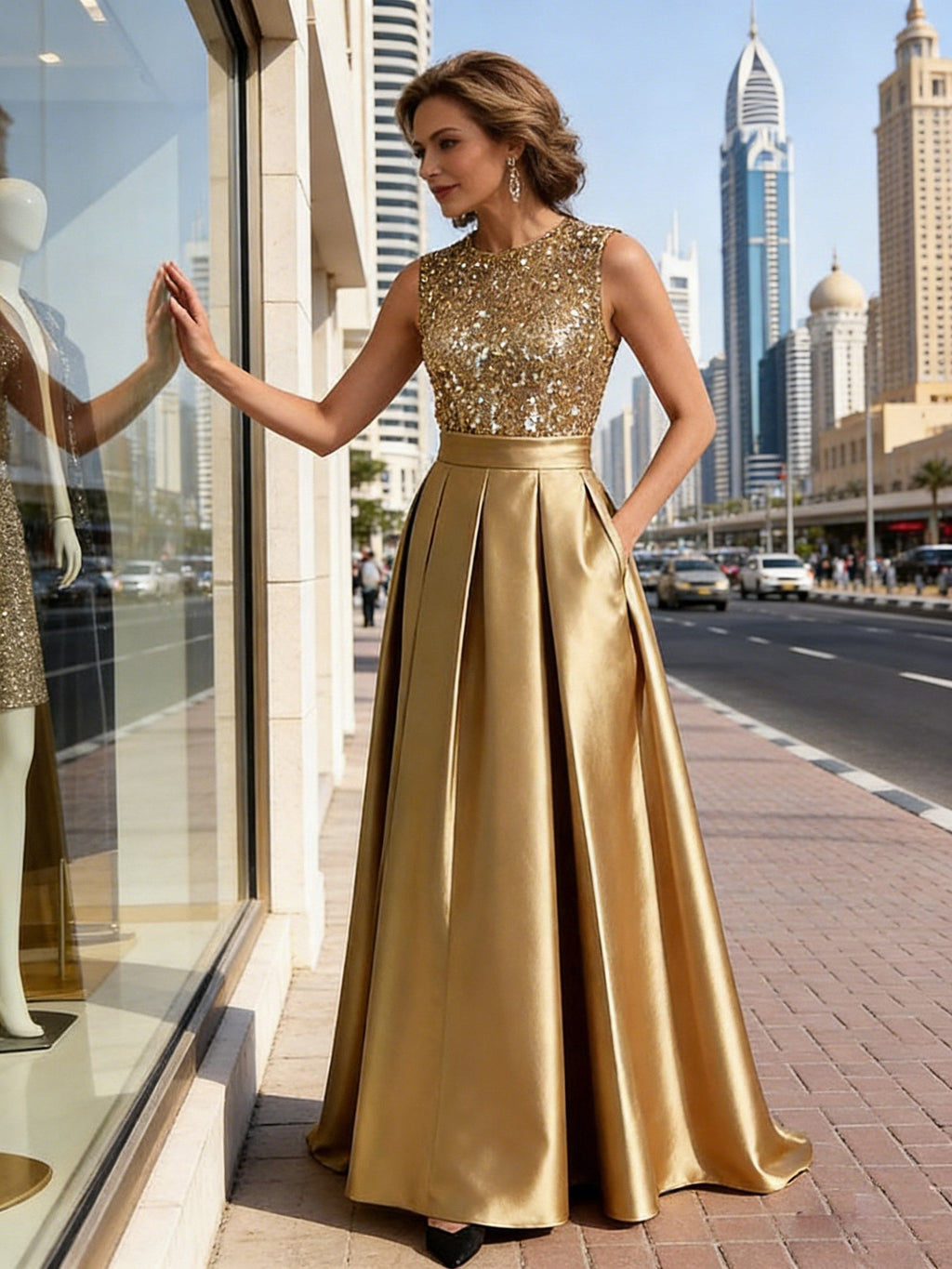 A-Line/Princess Scoop Neck Pleated Satin Evening Dresses with Sequins (SHI22500066)