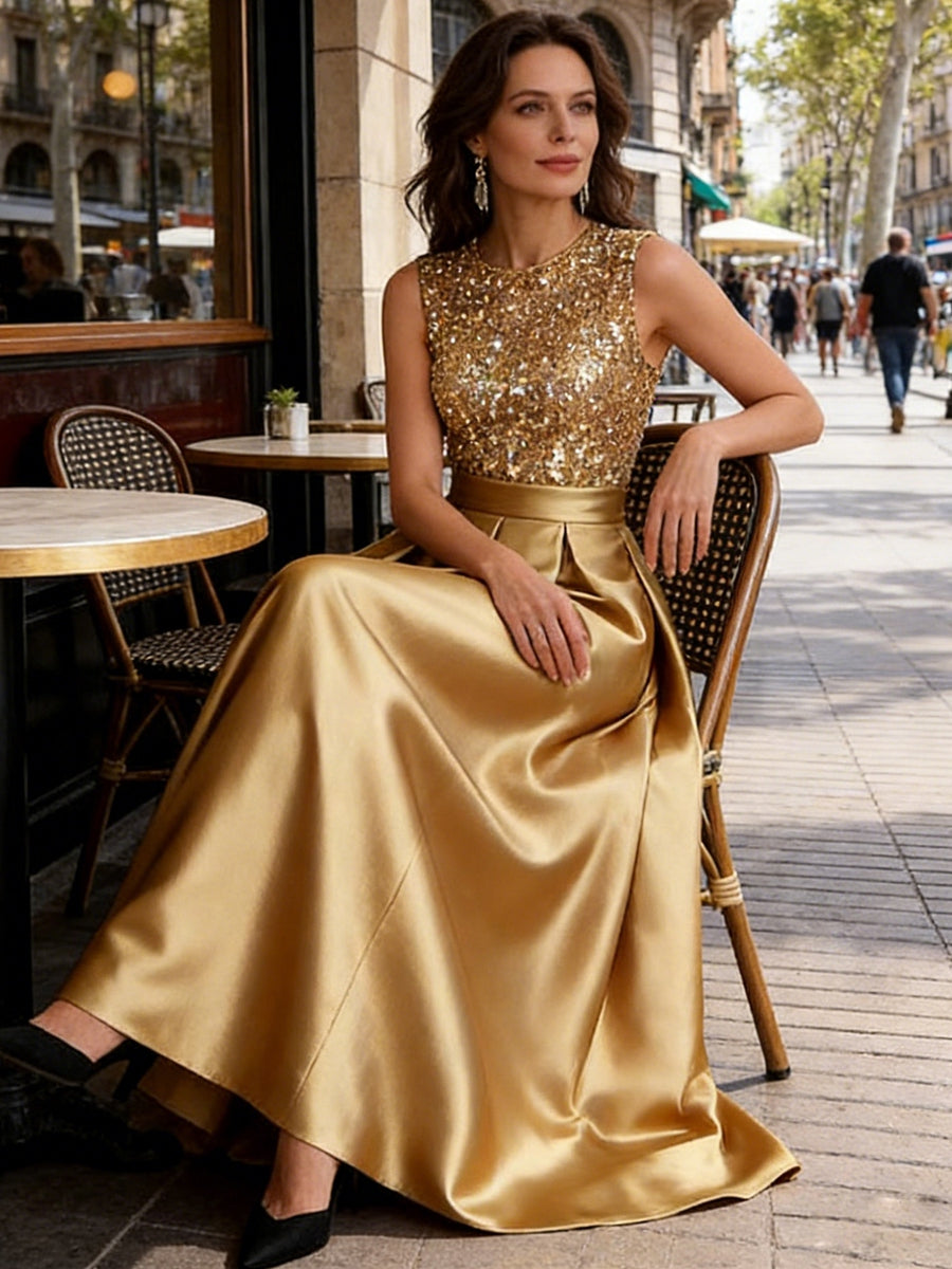A-Line/Princess Scoop Neck Pleated Satin Evening Dresses with Sequins (SHI22500066)