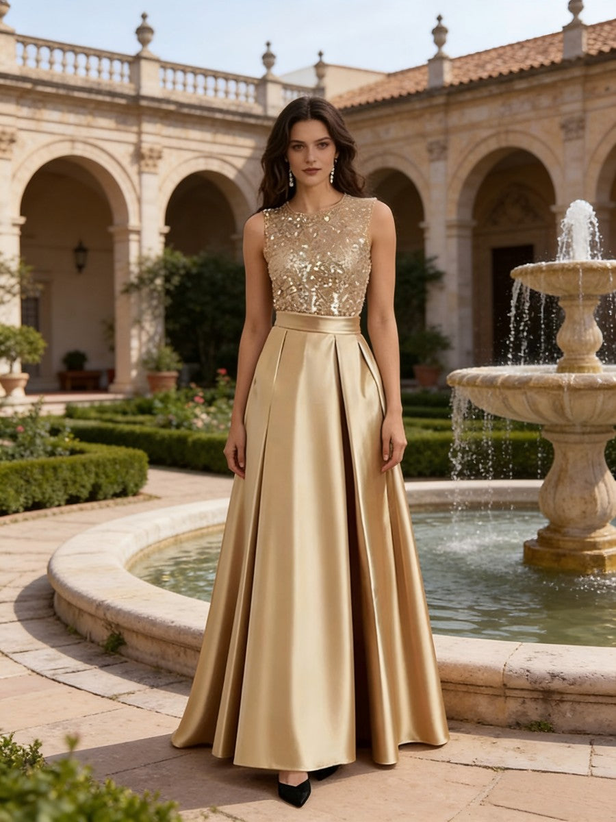 A-Line/Princess Scoop Neck Pleated Satin Evening Dresses with Sequins (SHI22500066)