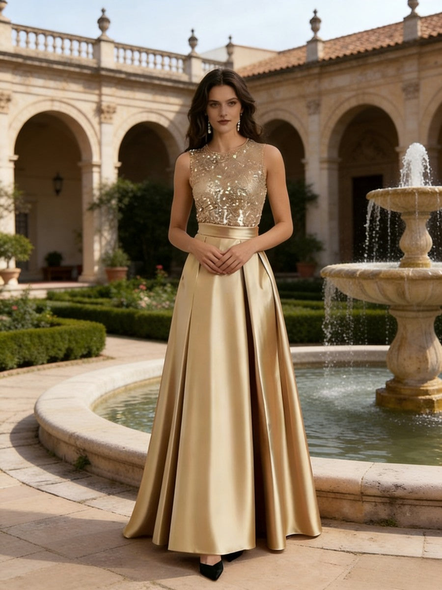 A-Line/Princess Scoop Neck Pleated Satin Evening Dresses with Sequins (SHI22500066)