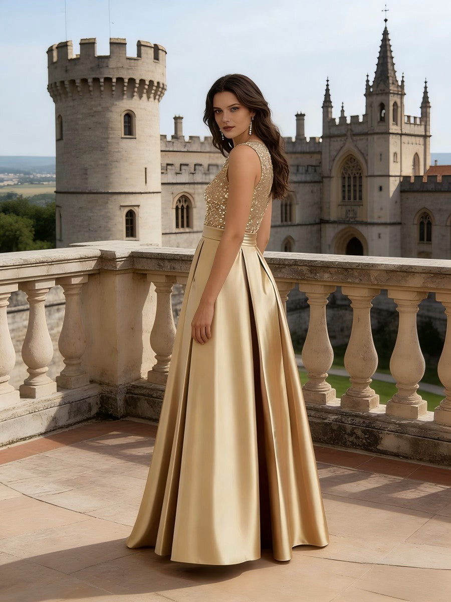 A-Line/Princess Scoop Neck Pleated Satin Evening Dresses with Sequins (SHI22500066)