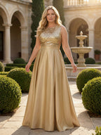 A-Line/Princess Scoop Neck Pleated Satin Evening Dresses with Sequins (SHI22500066)