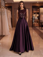 A-Line/Princess Scoop Neck Pleated Satin Evening Dresses with Sequins (SHI22500066)
