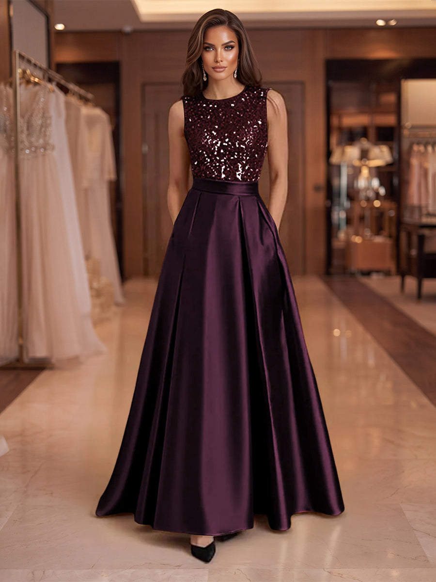 A-Line/Princess Scoop Neck Pleated Satin Evening Dresses with Sequins (SHI22500066)