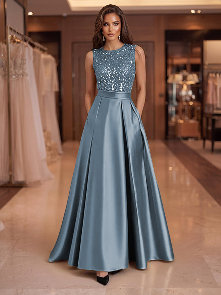 A-Line/Princess Scoop Neck Pleated Satin Evening Dresses with Sequins (SHI22500066)