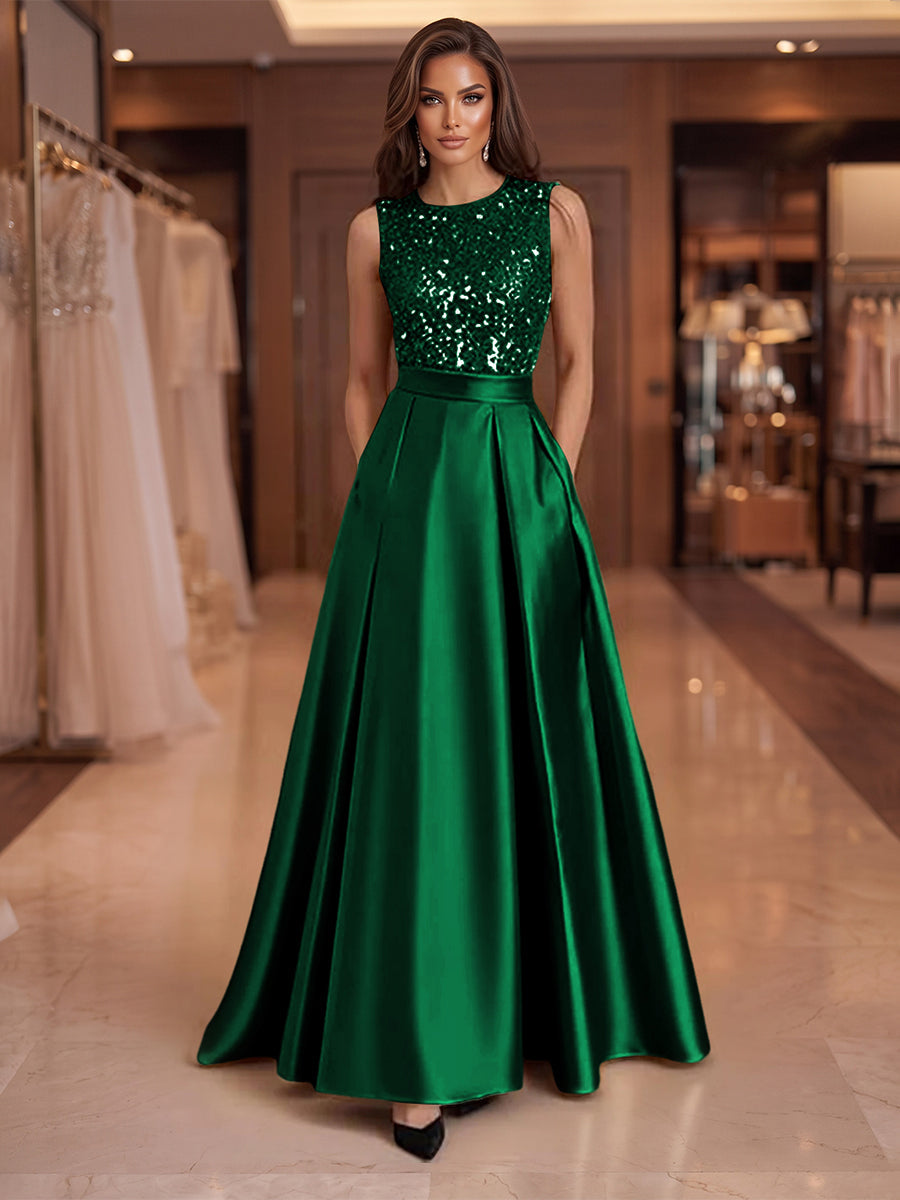A-Line/Princess Scoop Neck Pleated Satin Evening Dresses with Sequins (SHI22500066)