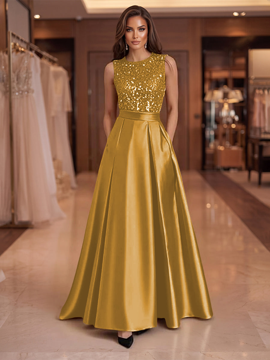 A-Line/Princess Scoop Neck Pleated Satin Evening Dresses with Sequins (SHI22500066)