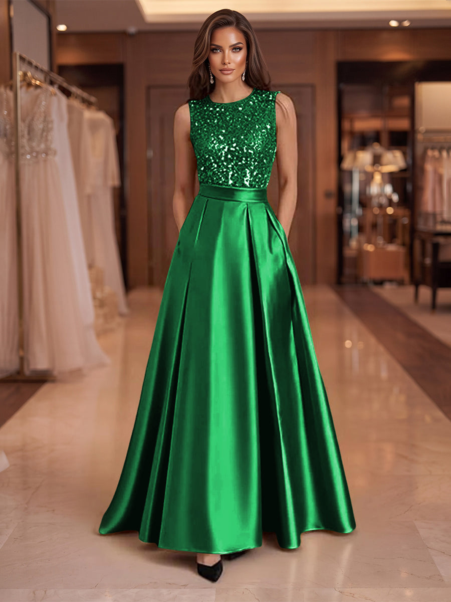 A-Line/Princess Scoop Neck Pleated Satin Evening Dresses with Sequins (SHI22500066)