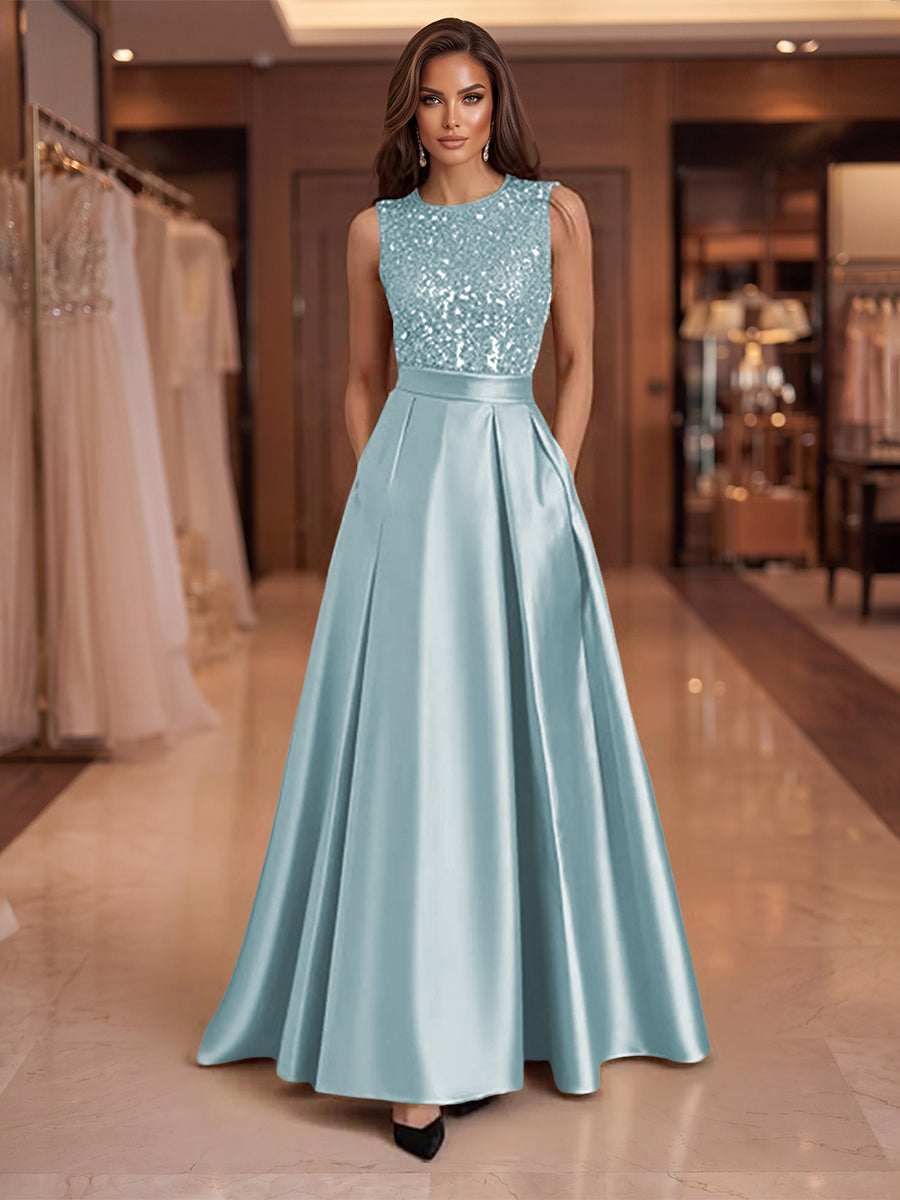 A-Line/Princess Scoop Neck Pleated Satin Evening Dresses with Sequins (SHI22500066)