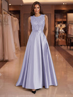 A-Line/Princess Scoop Neck Pleated Satin Evening Dresses with Sequins (SHI22500066)