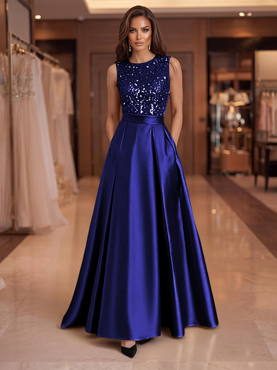 A-Line/Princess Scoop Neck Pleated Satin Evening Dresses with Sequins (SHI22500066)