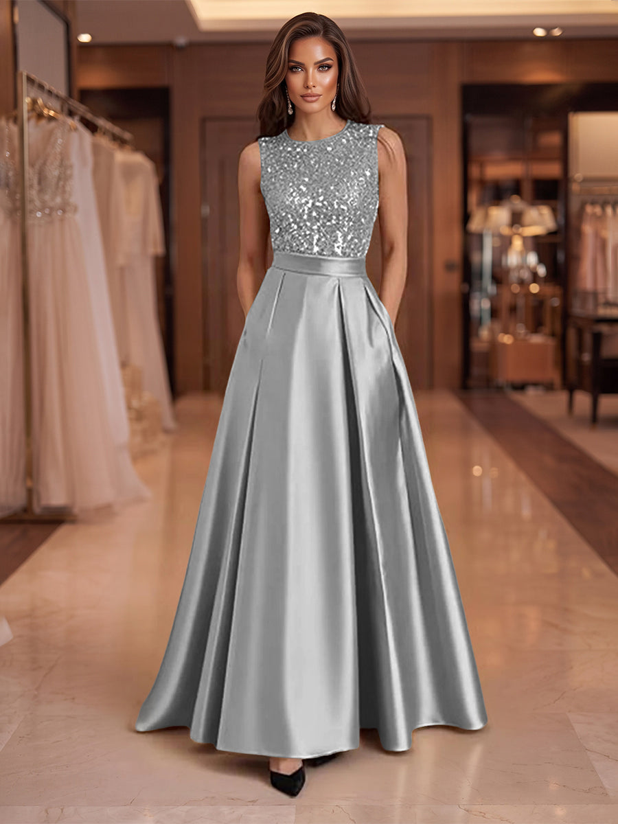 A-Line/Princess Scoop Neck Pleated Satin Evening Dresses with Sequins (SHI22500066)