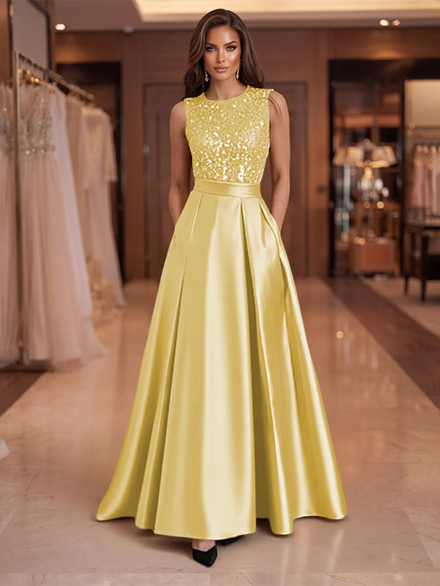 A-Line/Princess Scoop Neck Pleated Satin Evening Dresses with Sequins (SHI22500066)