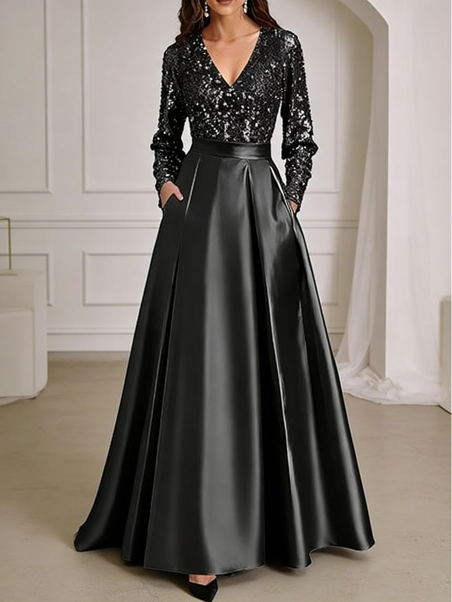 A-Line Chiffon V-Neck Short Sleeve Mother of the Bride Dresses Floor-Length with Sequin Appliques (SHI22500297)