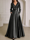 A-Line/Princess V-Neck Pleated Satin Ankle-Length Mother of the Bride Dresses with Sequins (SHI22500082)