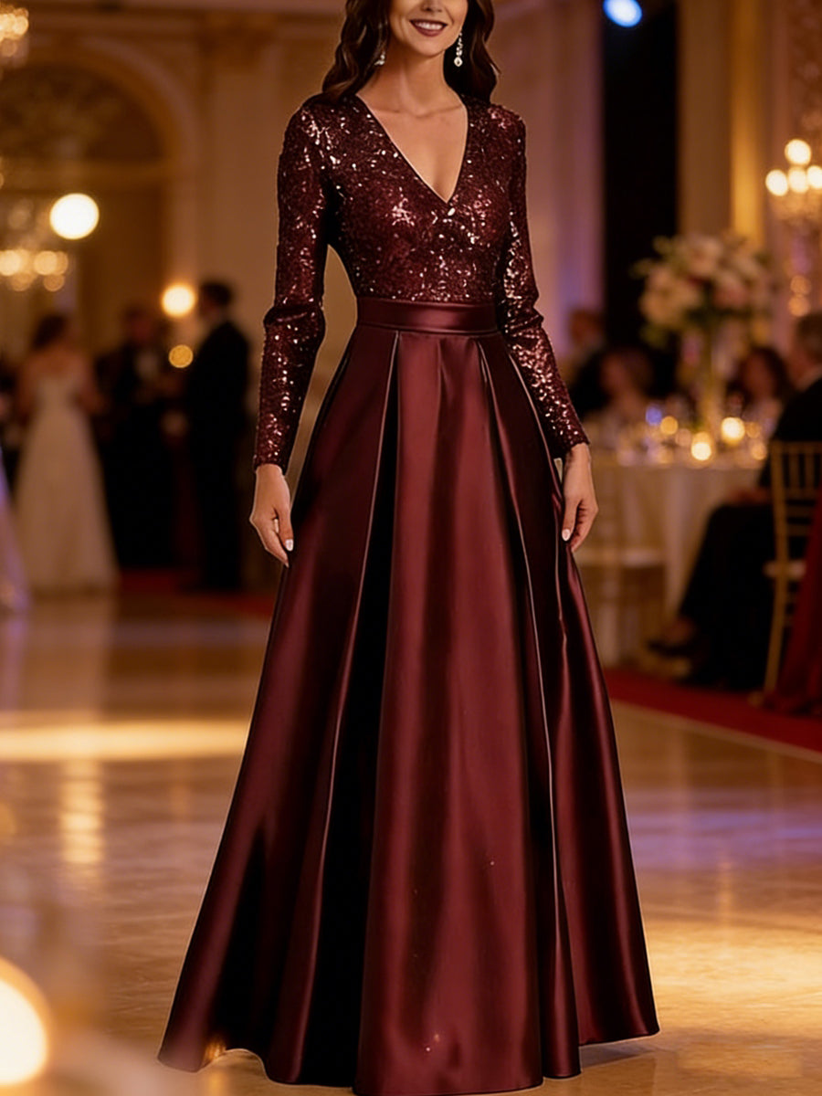 A-Line/Princess V-Neck Pleated Satin Ankle-Length Mother of the Bride Dresses with Sequins (SHI22500082)
