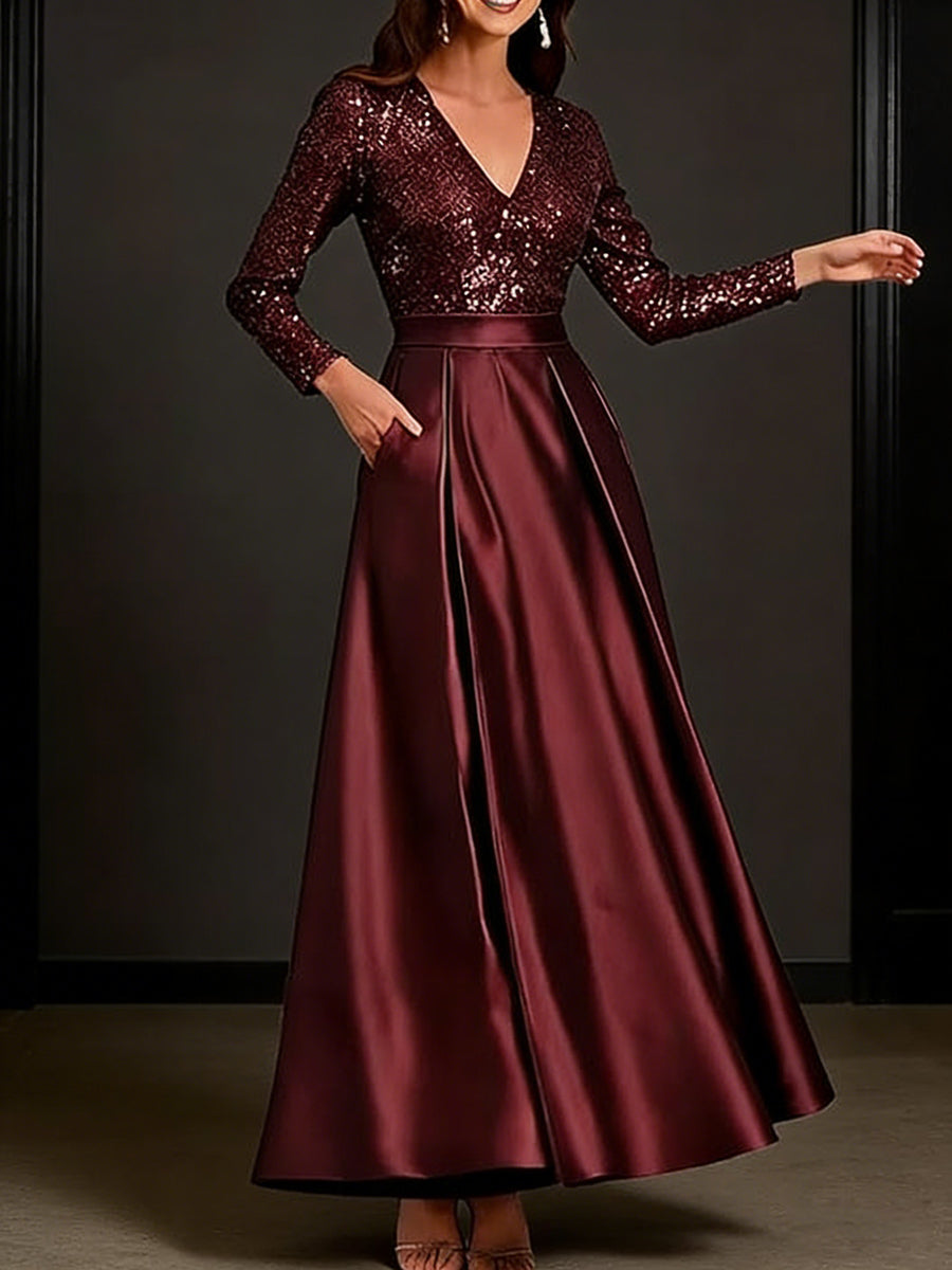 A-Line/Princess V-Neck Pleated Satin Ankle-Length Mother of the Bride Dresses with Sequins (SHI22500082)