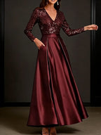 A-Line/Princess V-Neck Pleated Satin Ankle-Length Mother of the Bride Dresses with Sequins (SHI22500082)