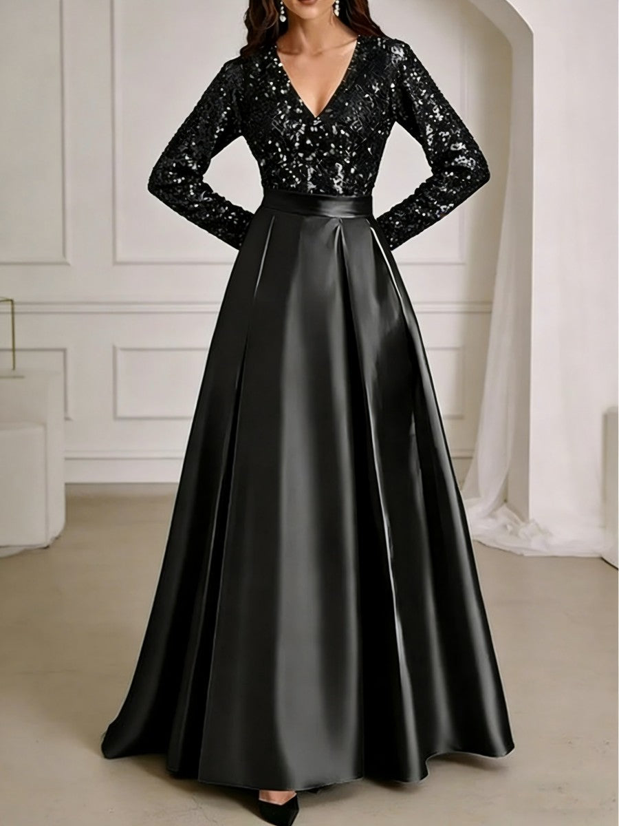 A-Line/Princess V-Neck Pleated Satin Ankle-Length Mother of the Bride Dresses with Sequins (SHI22500082)