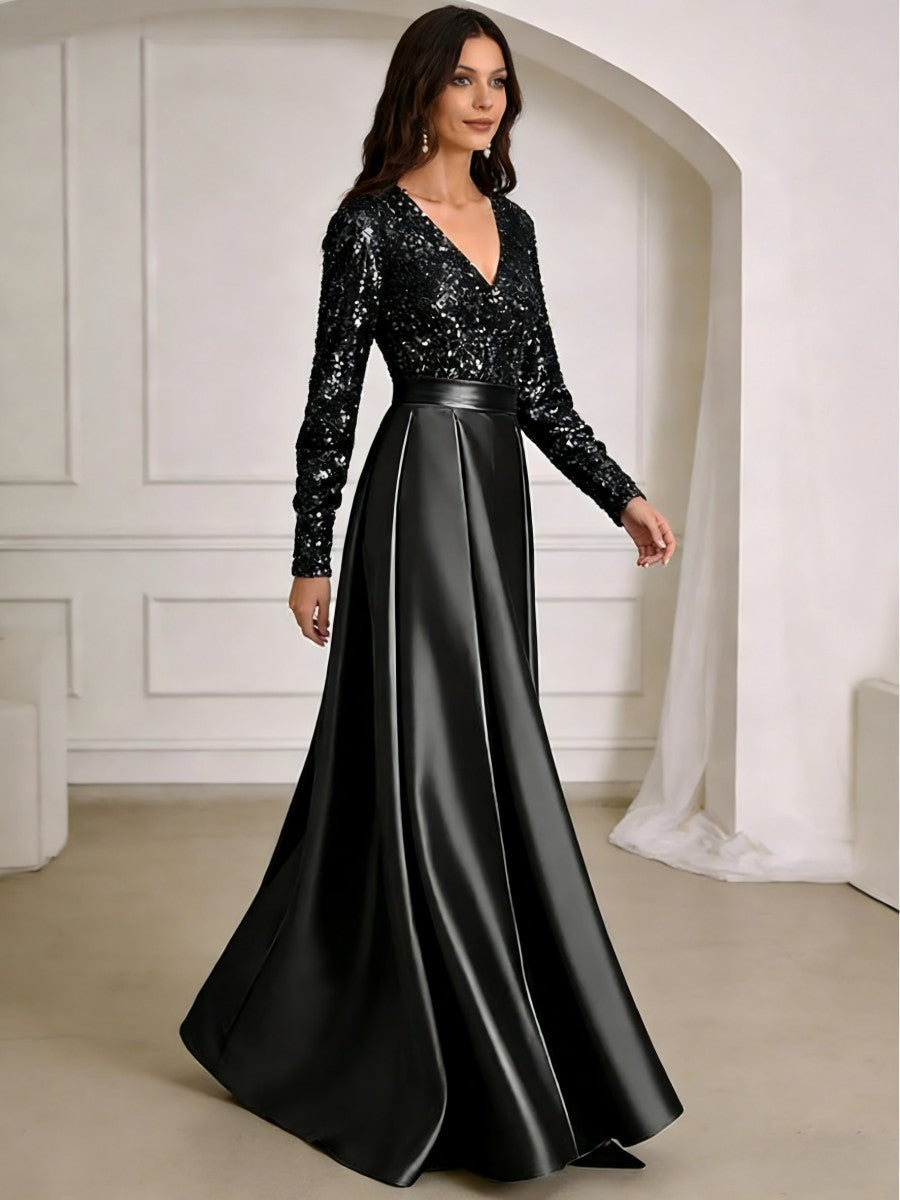 A-Line/Princess V-Neck Pleated Satin Ankle-Length Mother of the Bride Dresses with Sequins (SHI22500082)