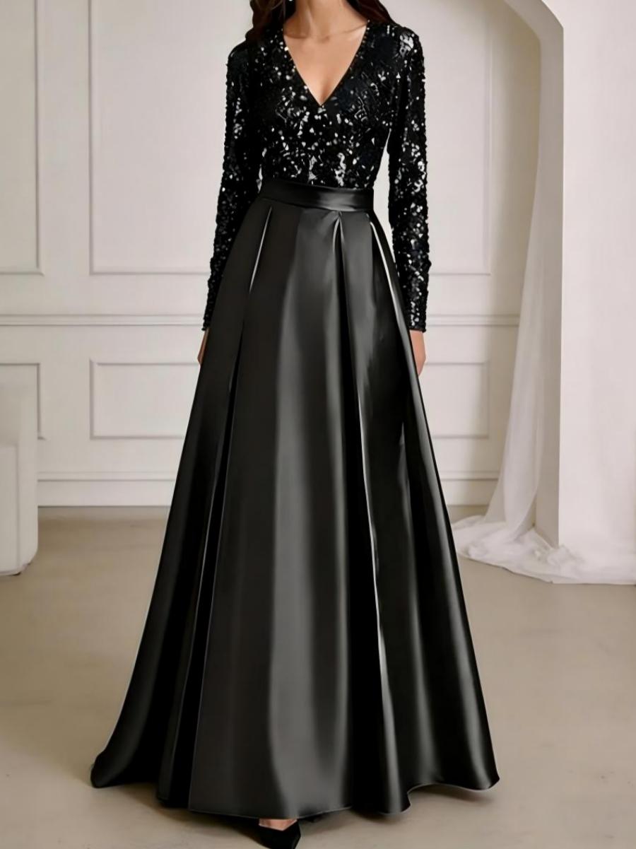 A-Line/Princess V-Neck Pleated Satin Ankle-Length Mother of the Bride Dresses with Sequins (SHI22500082)