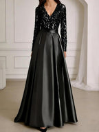 A-Line/Princess V-Neck Pleated Satin Ankle-Length Mother of the Bride Dresses with Sequins (SHI22500082)