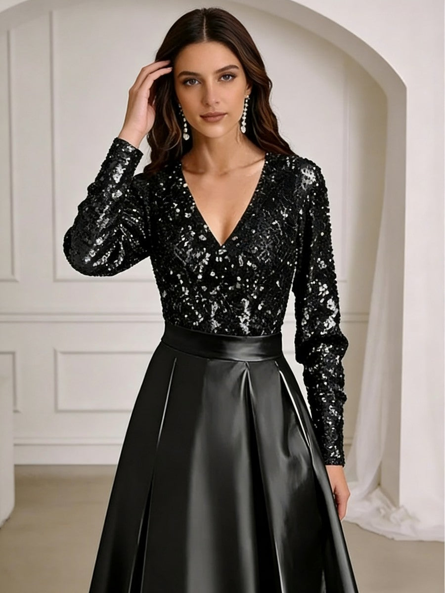 A-Line/Princess V-Neck Pleated Satin Ankle-Length Mother of the Bride Dresses with Sequins (SHI22500082)