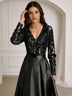 A-Line/Princess V-Neck Pleated Satin Ankle-Length Mother of the Bride Dresses with Sequins (SHI22500082)