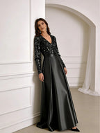 A-Line/Princess V-Neck Pleated Satin Ankle-Length Mother of the Bride Dresses with Sequins (SHI22500082)