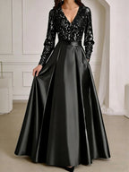 A-Line/Princess V-Neck Pleated Satin Ankle-Length Mother of the Bride Dresses with Sequins (SHI22500082)