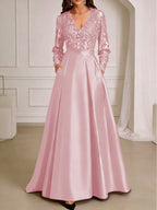 A-Line/Princess V-Neck Pleated Satin Ankle-Length Mother of the Bride Dresses with Sequins (SHI22500082)