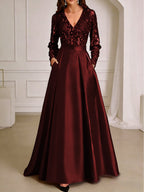 A-Line/Princess V-Neck Pleated Satin Ankle-Length Mother of the Bride Dresses with Sequins (SHI22500082)