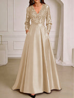 A-Line/Princess V-Neck Pleated Satin Ankle-Length Mother of the Bride Dresses with Sequins (SHI22500082)