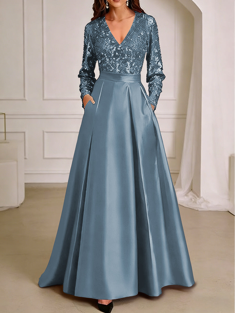 A-Line/Princess V-Neck Pleated Satin Ankle-Length Mother of the Bride Dresses with Sequins (SHI22500082)