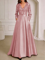 A-Line/Princess V-Neck Pleated Satin Ankle-Length Mother of the Bride Dresses with Sequins (SHI22500082)