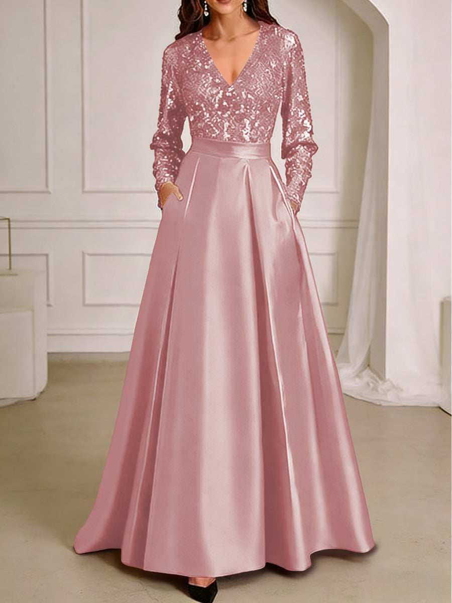 A-Line/Princess V-Neck Pleated Satin Ankle-Length Mother of the Bride Dresses with Sequins (SHI22500082)
