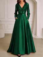 A-Line/Princess V-Neck Pleated Satin Ankle-Length Mother of the Bride Dresses with Sequins (SHI22500082)