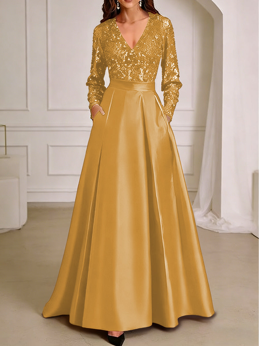 A-Line/Princess V-Neck Pleated Satin Ankle-Length Mother of the Bride Dresses with Sequins (SHI22500082)