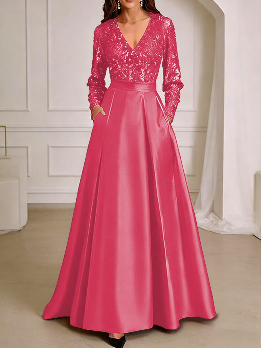 A-Line/Princess V-Neck Pleated Satin Ankle-Length Mother of the Bride Dresses with Sequins (SHI22500082)