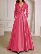 A-Line/Princess V-Neck Pleated Satin Ankle-Length Mother of the Bride Dresses with Sequins (SHI22500082)