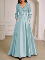 A-Line/Princess V-Neck Pleated Satin Ankle-Length Mother of the Bride Dresses with Sequins (SHI22500082)