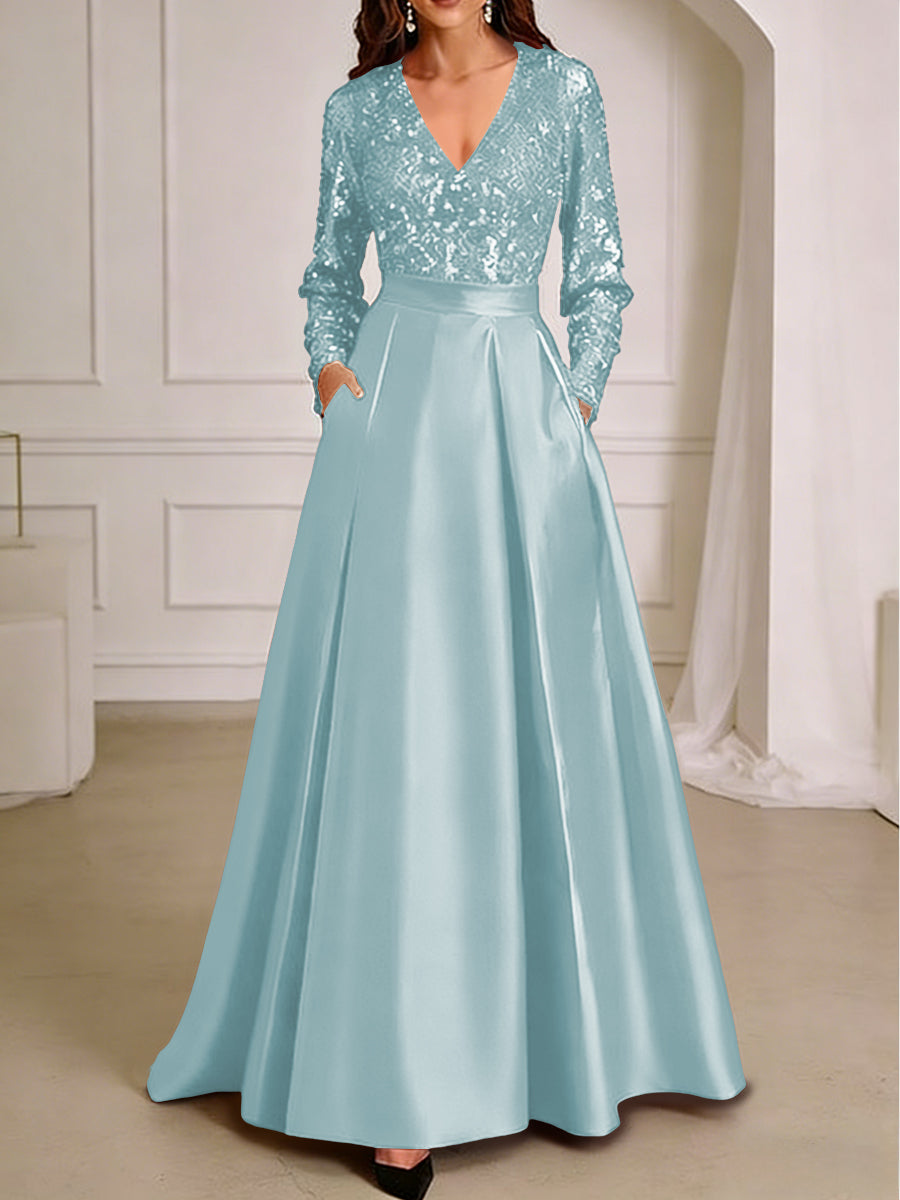 A-Line/Princess V-Neck Pleated Satin Ankle-Length Mother of the Bride Dresses with Sequins (SHI22500082)