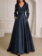 A-Line/Princess V-Neck Pleated Satin Ankle-Length Mother of the Bride Dresses with Sequins (SHI22500082)