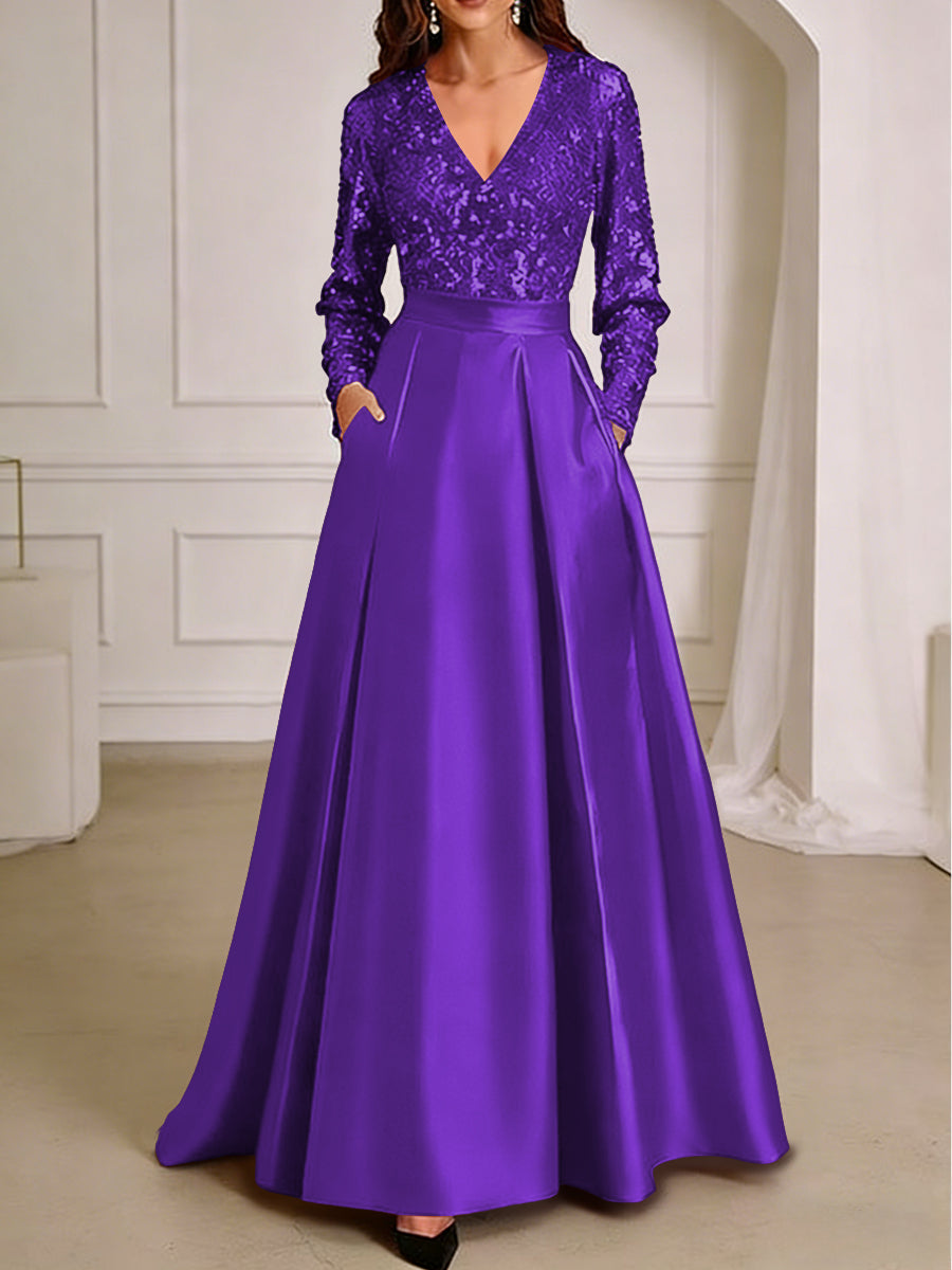 A-Line/Princess V-Neck Pleated Satin Ankle-Length Mother of the Bride Dresses with Sequins (SHI22500082)