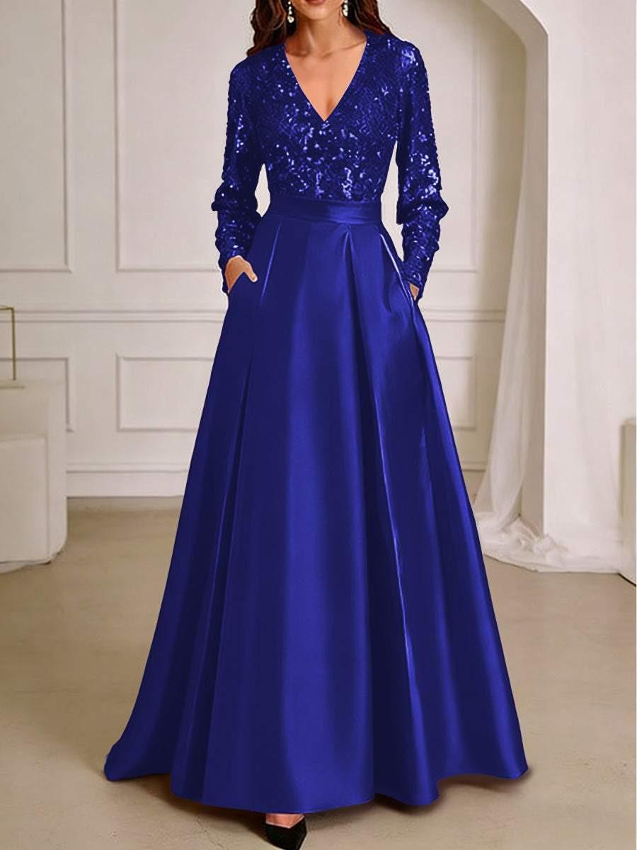 A-Line/Princess V-Neck Pleated Satin Ankle-Length Mother of the Bride Dresses with Sequins (SHI22500082)