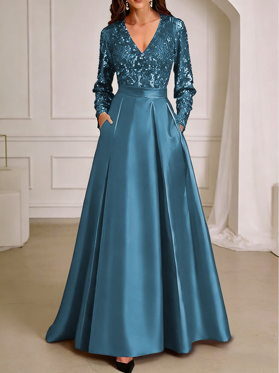 A-Line/Princess V-Neck Pleated Satin Ankle-Length Mother of the Bride Dresses with Sequins (SHI22500082)